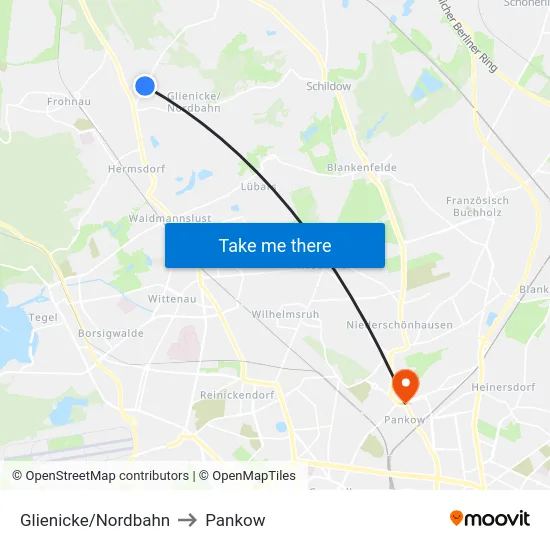 Glienicke/Nordbahn to Pankow map