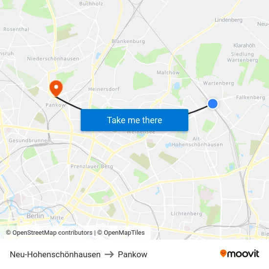 Neu-Hohenschönhausen to Pankow map