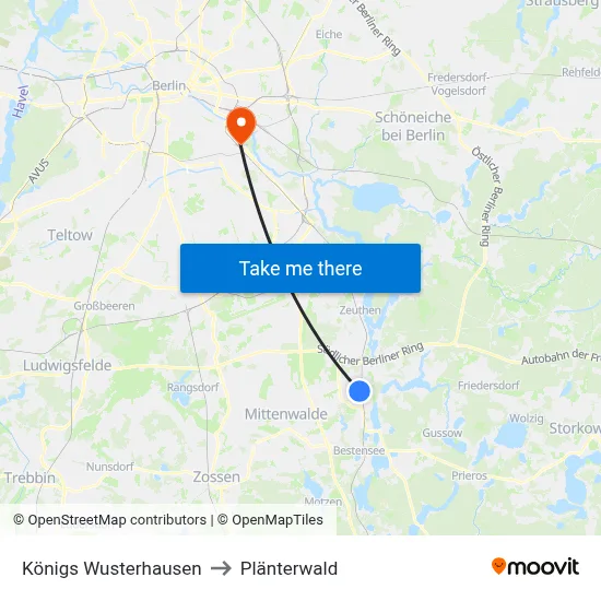 Königs Wusterhausen to Plänterwald map