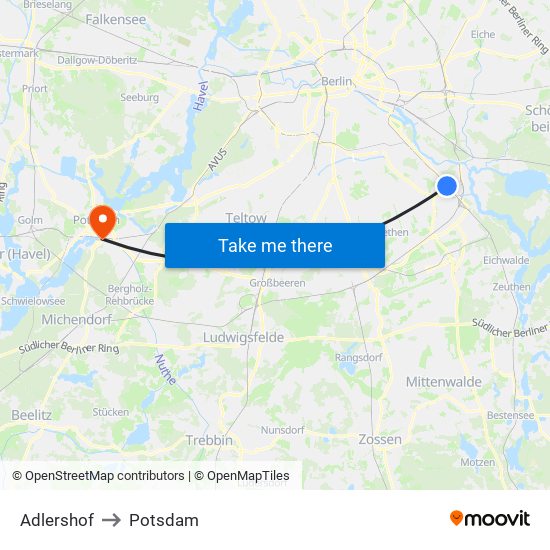 Adlershof to Potsdam map