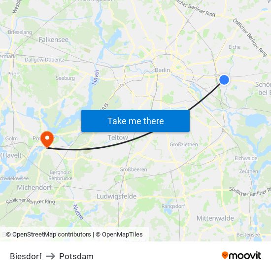 Biesdorf to Potsdam map