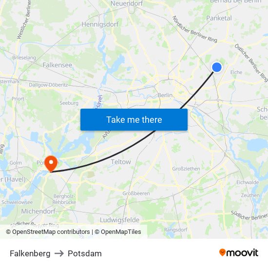 Falkenberg to Potsdam map