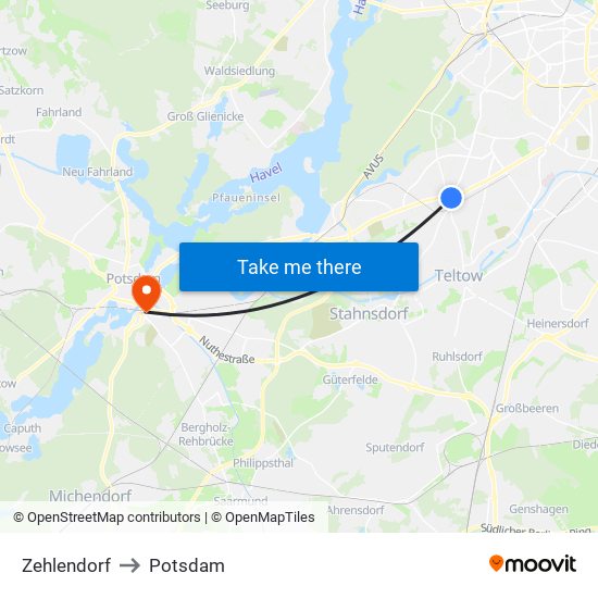 Zehlendorf to Potsdam map