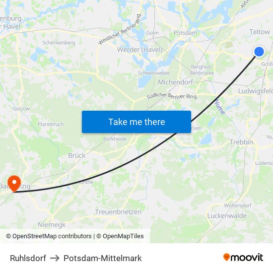 Ruhlsdorf to Potsdam-Mittelmark map