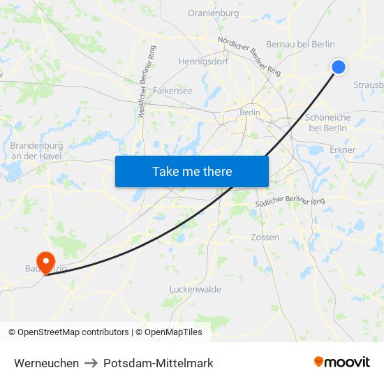 Werneuchen to Potsdam-Mittelmark map