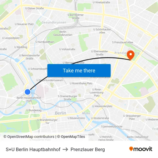 S+U Berlin Hauptbahnhof to Prenzlauer Berg map