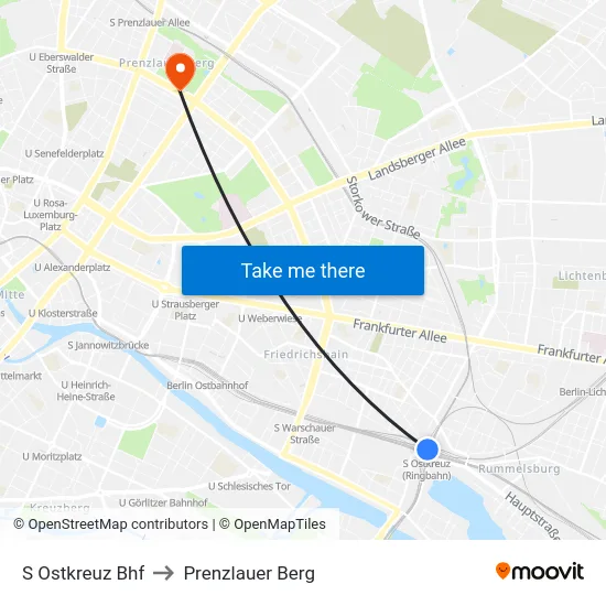 S Ostkreuz Bhf to Prenzlauer Berg map
