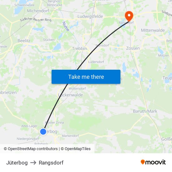 Jüterbog to Rangsdorf map