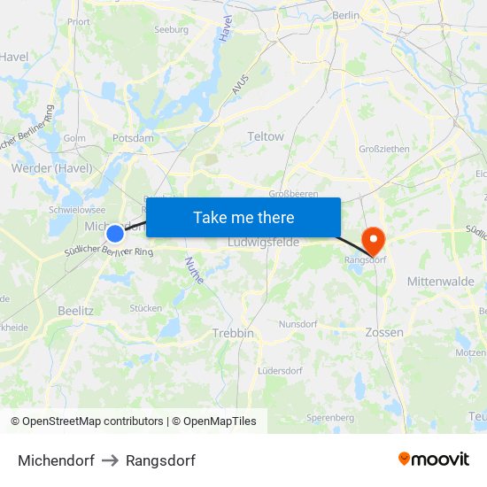 Michendorf to Rangsdorf map