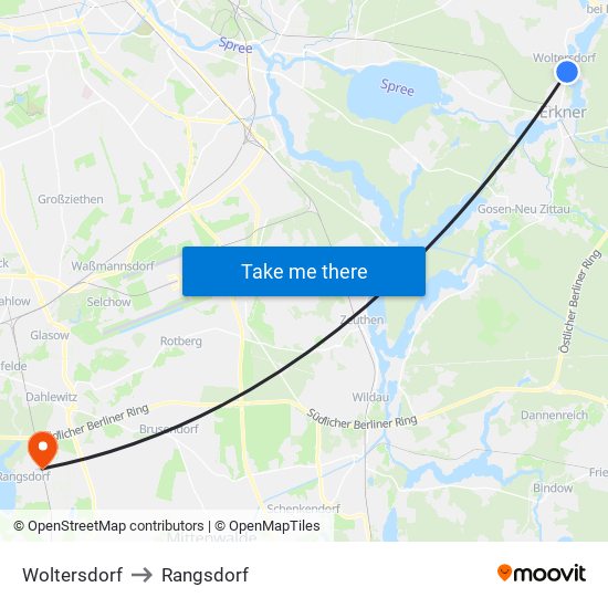 Woltersdorf to Rangsdorf map