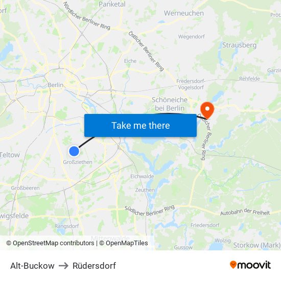 Alt-Buckow to Rüdersdorf map