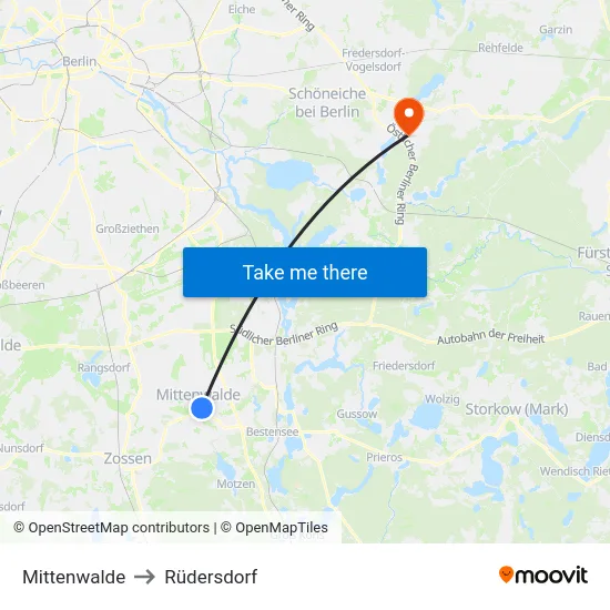 Mittenwalde to Rüdersdorf map