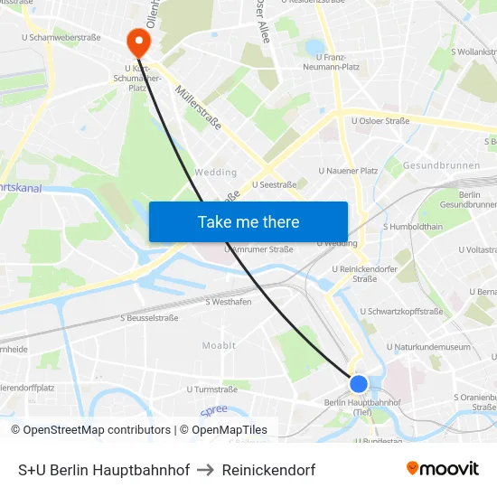 S+U Berlin Hauptbahnhof to Reinickendorf map
