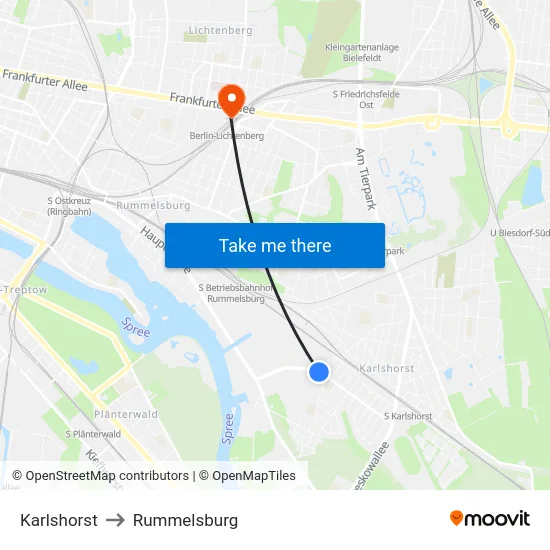 Karlshorst to Rummelsburg map