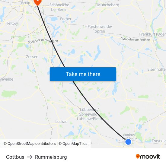 Cottbus to Rummelsburg map