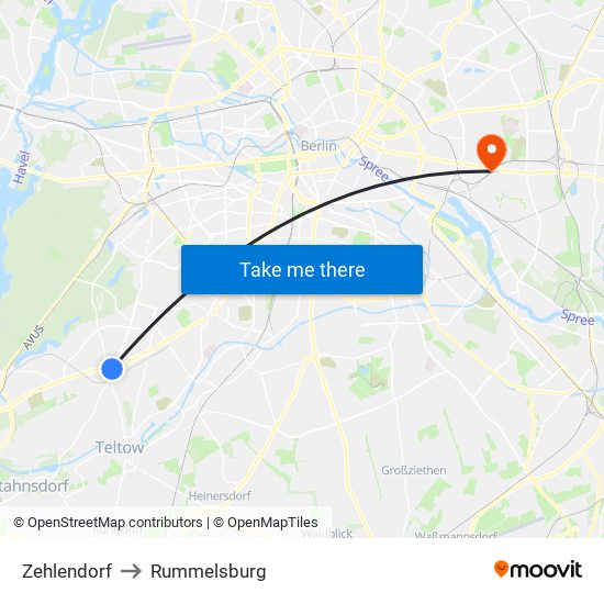 Zehlendorf to Rummelsburg map