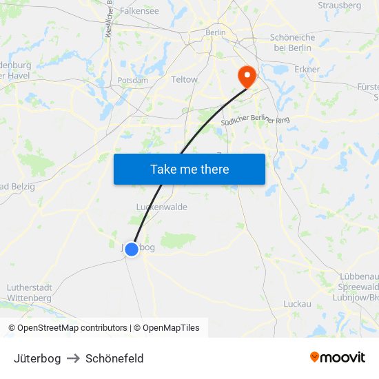 Jüterbog to Schönefeld map