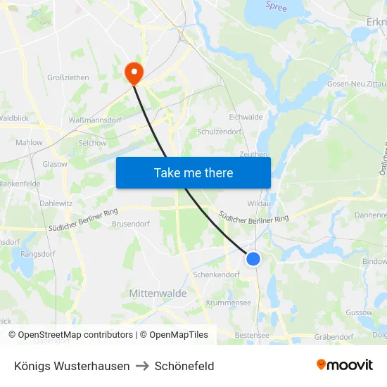Königs Wusterhausen to Schönefeld map