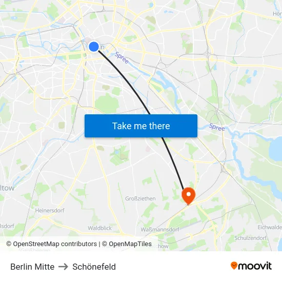 Berlin Mitte to Schönefeld map