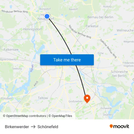 Birkenwerder to Schönefeld map