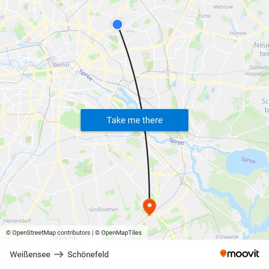 Weißensee to Schönefeld map