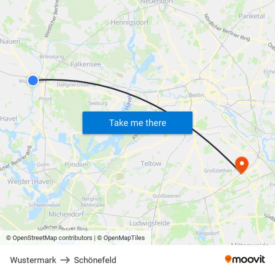 Wustermark to Schönefeld map