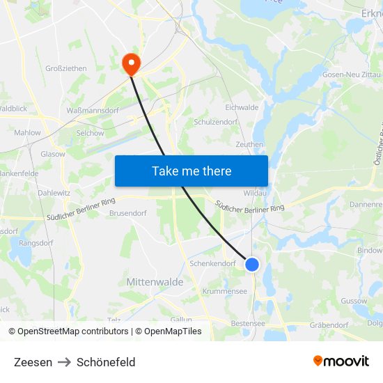 Zeesen to Schönefeld map