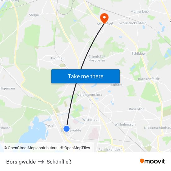 Borsigwalde to Schönfließ map