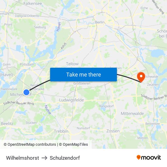 Wilhelmshorst to Schulzendorf map