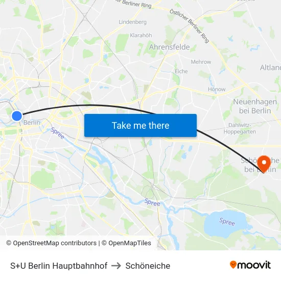 S+U Berlin Hauptbahnhof to Schöneiche map
