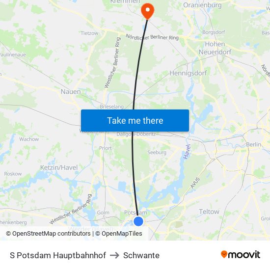 S Potsdam Hauptbahnhof to Schwante map