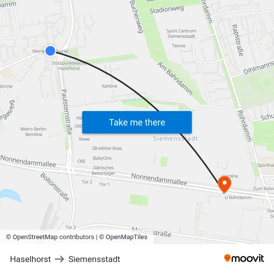 Haselhorst to Siemensstadt map