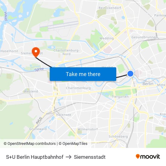 S+U Berlin Hauptbahnhof to Siemensstadt map