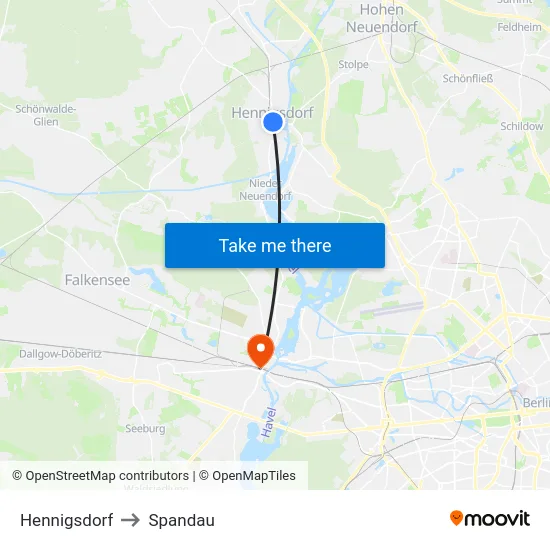 Hennigsdorf to Spandau map