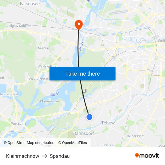 Kleinmachnow to Spandau map