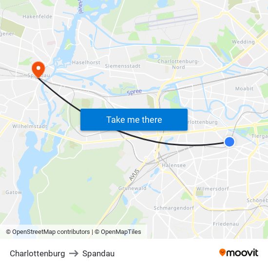 Charlottenburg to Spandau map