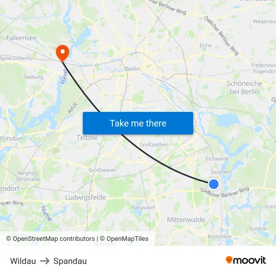 Wildau to Spandau map