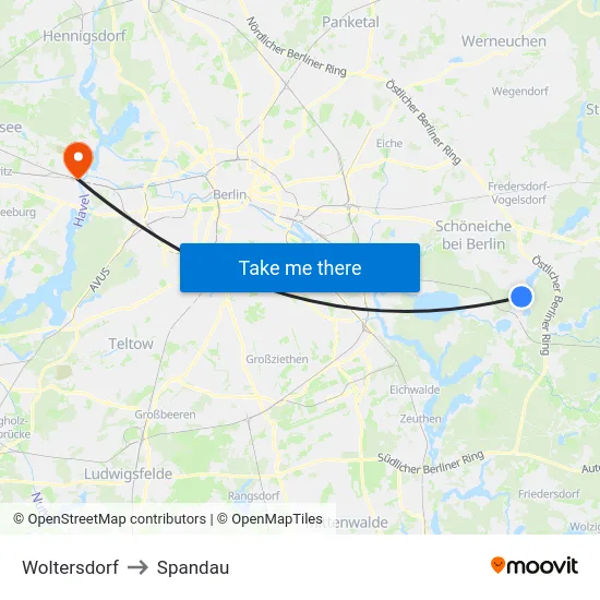 Woltersdorf to Spandau map