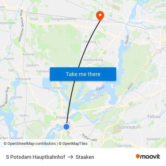 S Potsdam Hauptbahnhof to Staaken map