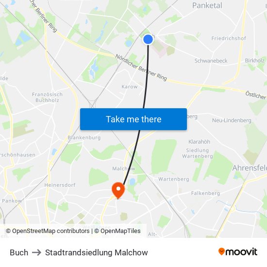 Buch to Stadtrandsiedlung Malchow map