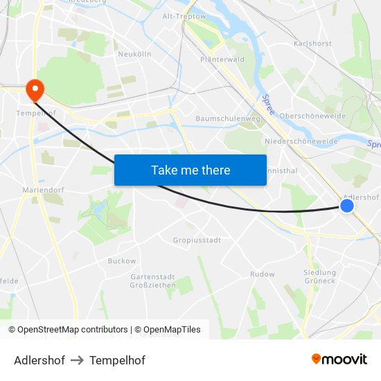 Adlershof to Tempelhof map