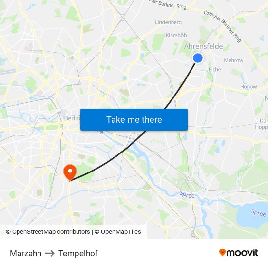 Marzahn to Tempelhof map