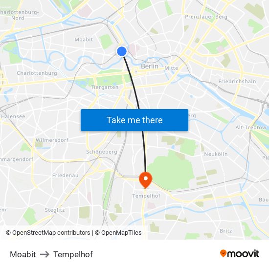 Moabit to Tempelhof map