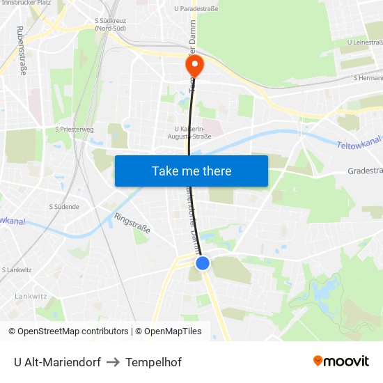 U Alt-Mariendorf to Tempelhof map