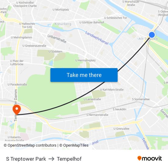 S Treptower Park to Tempelhof map