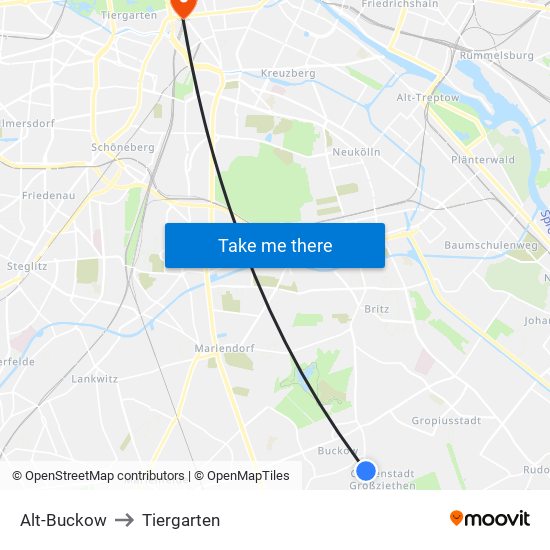 Alt-Buckow to Tiergarten map