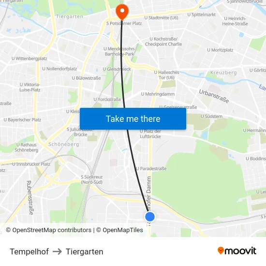Tempelhof to Tiergarten map