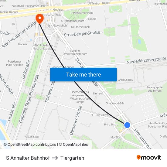 S Anhalter Bahnhof to Tiergarten map