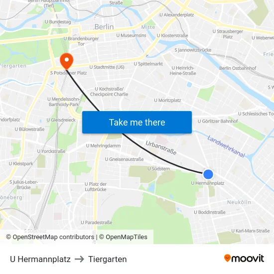 U Hermannplatz to Tiergarten map