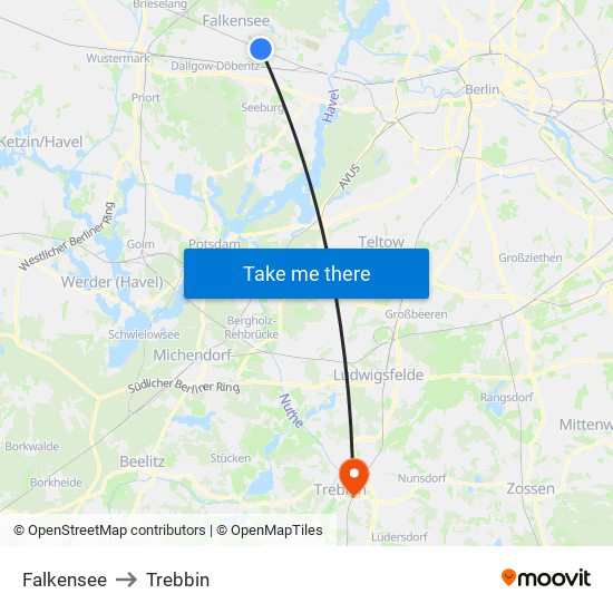 Falkensee to Trebbin map